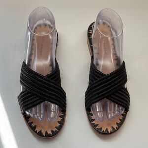 Jenni Kayne Woman’s Rafia Crossover & Leather Flat Sandals Black Size 38 New